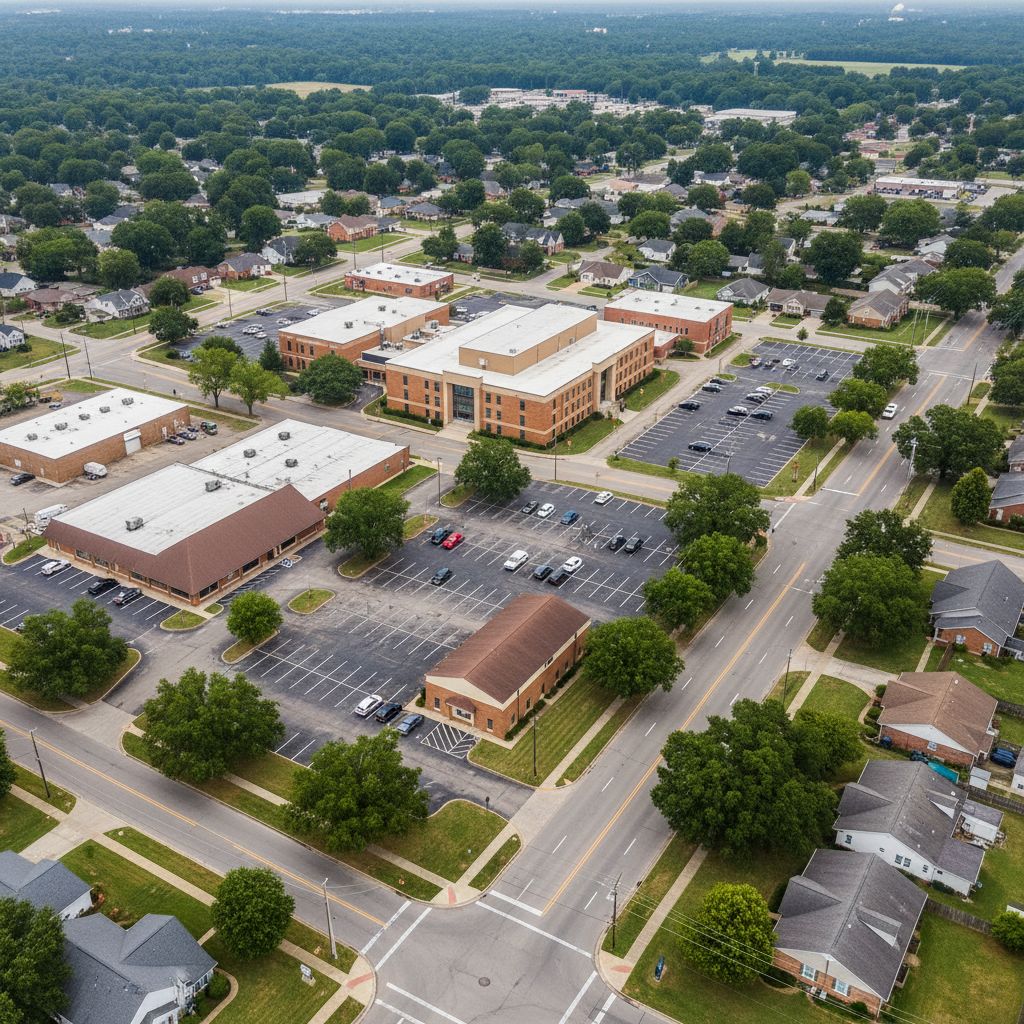 An aerial photographic view of Grambling’s civic center and surrounding neighborhoods, captured from a moderate height to show a balanced mix of public buildings, tree-lined streets, and small businesses. Neatly organized parking lots, well-maintained roads, and clusters of commercial rooftops communicate order and investment. Soft, slightly overcast daylight produces even, diffused lighting, minimizing harsh shadows and creating a calm, professional mood. The composition uses leading lines from the main road drawing the eye toward the town core, symbolizing connection and accessibility. Colors are natural and slightly saturated, with rich greens, warm brick tones, and neutral pavements. There are no visible people; instead, the focus is on the infrastructure and built environment that a mayoral administration would nurture and grow for the community’s long-term benefit.