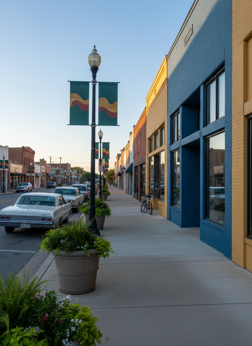 A wide, panoramic photographic view of Grambling’s small business district at golden hour, with freshly painted storefronts, clean sidewalks, and vibrant greenery in large planters lining the street. A few parked cars and bicycles suggest active commerce without showing any people. Subtle campaign-colored banners hang from lampposts, abstract and text-free, hinting at civic pride. The warm, low-angle sunlight casts long, soft shadows and a welcoming amber glow on brick facades and reflective shop windows. The scene is composed with the main street leading into the distance along the rule of thirds, creating depth and a sense of progress. The atmosphere is hopeful, stable, and prosperous, visually reinforcing a message of economic growth and revitalized local business under steady leadership.