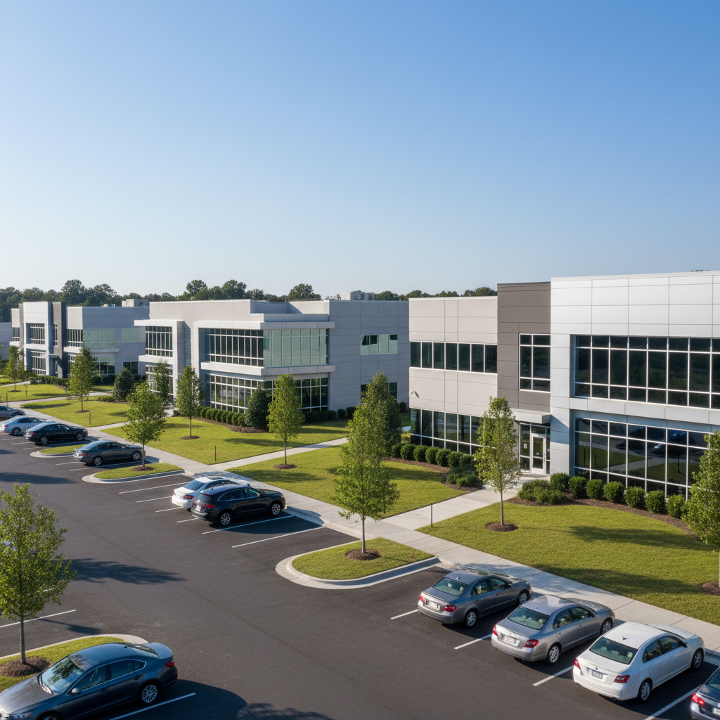 A bright, photographic daytime view of a new business park on the edge of Grambling, featuring modern one- and two-story commercial buildings with clean lines, large reflective windows, and landscaped green spaces with young trees and manicured shrubs. The parking area is tidy with a few parked vehicles hinting at activity, but no people are visible. Clear blue sky and crisp sunlight create defined but soft shadows and sparkling highlights on glass and metal details. Shot from a slightly elevated three-quarter angle, the image captures both the architecture and the inviting pedestrian walkways. The mood is aspirational and pragmatic, underscoring economic opportunity, job creation, and smart planning that a seasoned mayoral administration would champion for the community’s future.