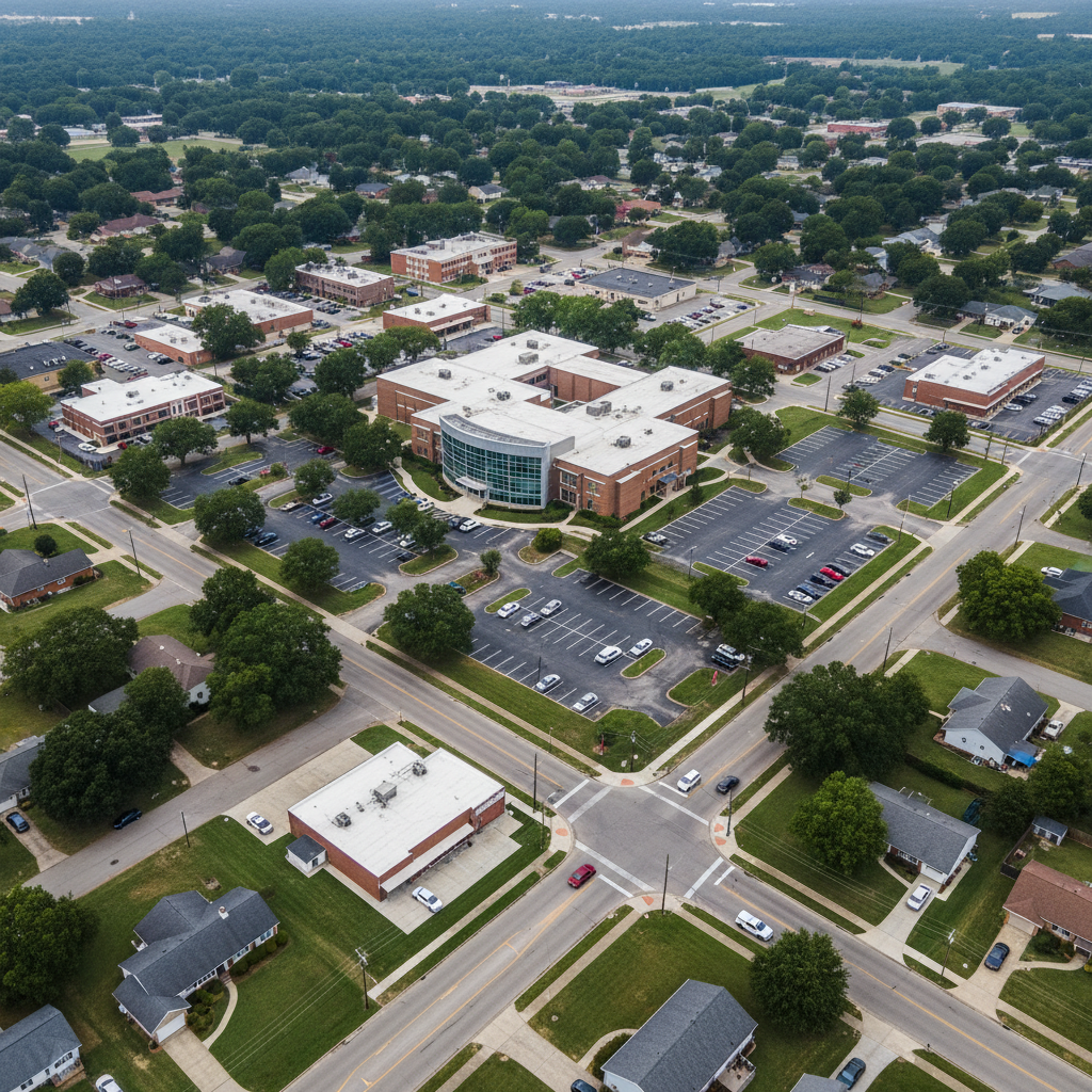 An aerial photographic view of Grambling’s civic center and surrounding neighborhoods, captured from a moderate height to show a balanced mix of public buildings, tree-lined streets, and small businesses. Neatly organized parking lots, well-maintained roads, and clusters of commercial rooftops communicate order and investment. Soft, slightly overcast daylight produces even, diffused lighting, minimizing harsh shadows and creating a calm, professional mood. The composition uses leading lines from the main road drawing the eye toward the town core, symbolizing connection and accessibility. Colors are natural and slightly saturated, with rich greens, warm brick tones, and neutral pavements. There are no visible people; instead, the focus is on the infrastructure and built environment that a mayoral administration would nurture and grow for the community’s long-term benefit.