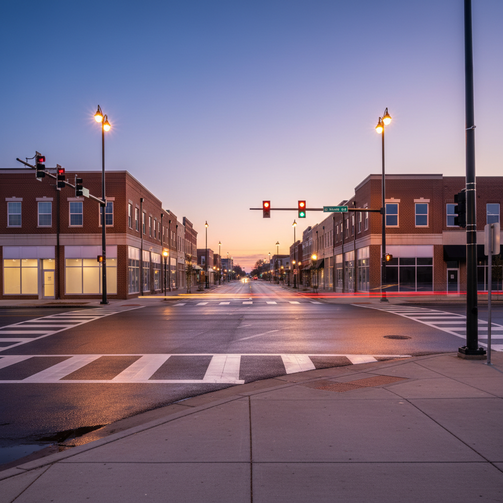 A twilight photographic scene of Grambling’s main intersection, where upgraded streetlights, freshly painted crosswalks, and well-maintained storefronts illustrate recent civic investment. The sky transitions from deep blue to soft purple, and the warm glow of streetlights reflects gently on the pavement, suggesting safety and vitality after dark. Traffic lights, signage, and shop windows are present but kept text-free and slightly softened. Light trails from a passing car add a subtle sense of motion and forward progress. Captured from a low, corner-of-the-sidewalk angle, the composition leads the eye into the intersection and along the street, symbolizing momentum and continued development. The mood is secure, optimistic, and community-focused, conveying how steady mayoral leadership can keep Grambling’s economy and infrastructure thriving without showing any residents.