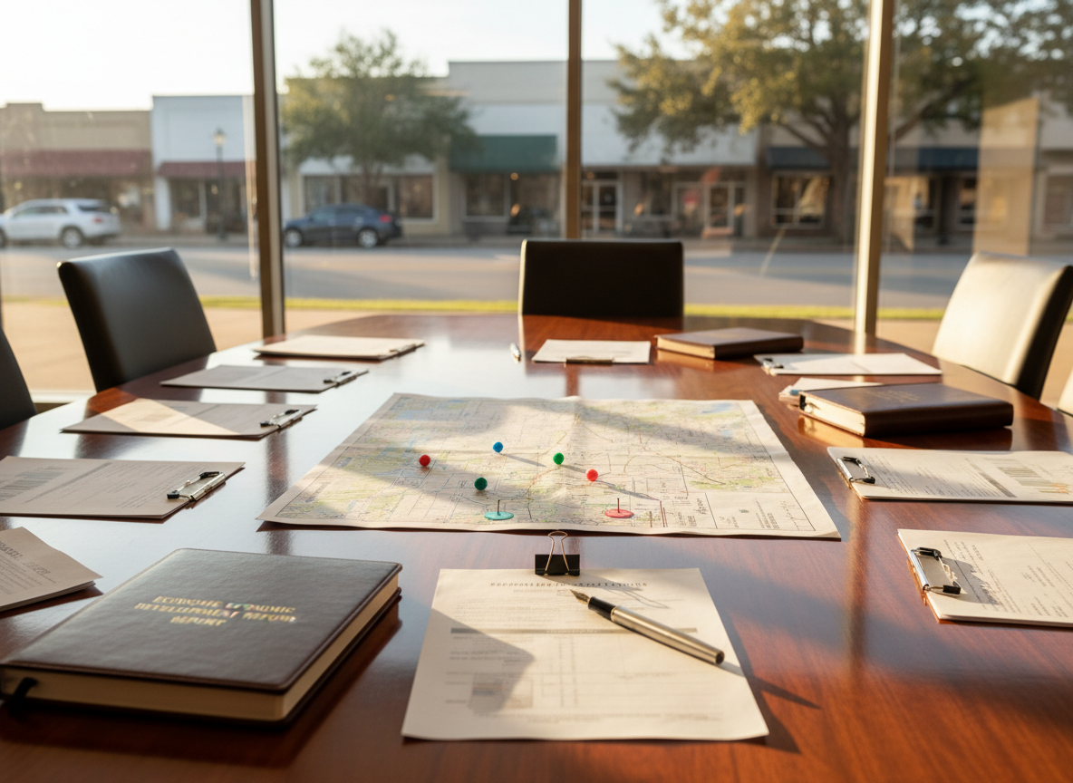 A polished wooden conference table in a modern city hall meeting room, covered with neatly arranged planning documents, economic development reports, and a detailed map of Grambling highlighted with small colored markers where new businesses are proposed. Through large floor-to-ceiling windows, a subtle view of a small Louisiana town’s main street appears softly blurred. Warm afternoon sunlight pours in, creating gentle reflections on the glossy table surface and the metallic pen resting beside an open leather notebook. Photographic realism, captured at eye level with a shallow depth of field that keeps the papers in crisp focus while the background falls into a tasteful bokeh. The mood is professional, optimistic, and forward-looking, perfect for a mayoral campaign emphasizing long-term leadership and economic growth without showing any people.
