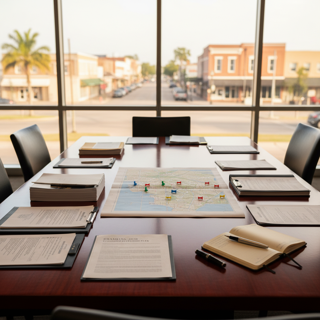 A polished wooden conference table in a modern city hall meeting room, covered with neatly arranged planning documents, economic development reports, and a detailed map of Grambling highlighted with small colored markers where new businesses are proposed. Through large floor-to-ceiling windows, a subtle view of a small Louisiana town’s main street appears softly blurred. Warm afternoon sunlight pours in, creating gentle reflections on the glossy table surface and the metallic pen resting beside an open leather notebook. Photographic realism, captured at eye level with a shallow depth of field that keeps the papers in crisp focus while the background falls into a tasteful bokeh. The mood is professional, optimistic, and forward-looking, perfect for a mayoral campaign emphasizing long-term leadership and economic growth without showing any people.
