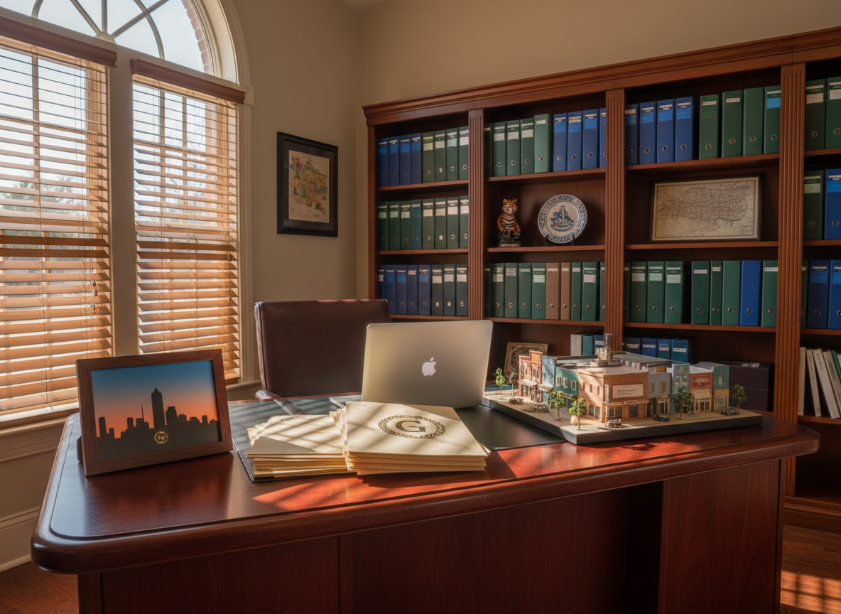 A dignified photographic interior of a mayor’s office in Grambling, styled to feel welcoming and efficient. A substantial wooden desk sits near a tall window with partially open blinds, allowing late-morning sunlight to filter in and cast soft, linear shadows across the desktop. On the desk rest a neatly stacked folder labeled only with a simple emblem, a closed laptop, a small framed illustration of Grambling’s skyline, and a decorative model of a downtown streetscape symbolizing business growth. The background includes a bookshelf with binders and civic-themed decor, slightly out of focus. Shot at eye level with balanced, natural color, the scene feels trustworthy, calm, and professional, implying experienced leadership and readiness to continue serving the community, without depicting any human figures or readable campaign text.