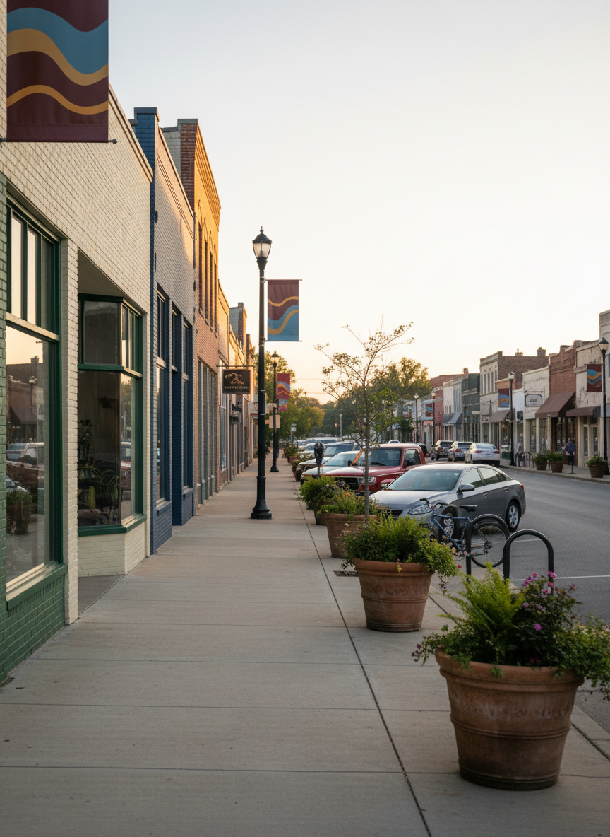 A wide, panoramic photographic view of Grambling’s small business district at golden hour, with freshly painted storefronts, clean sidewalks, and vibrant greenery in large planters lining the street. A few parked cars and bicycles suggest active commerce without showing any people. Subtle campaign-colored banners hang from lampposts, abstract and text-free, hinting at civic pride. The warm, low-angle sunlight casts long, soft shadows and a welcoming amber glow on brick facades and reflective shop windows. The scene is composed with the main street leading into the distance along the rule of thirds, creating depth and a sense of progress. The atmosphere is hopeful, stable, and prosperous, visually reinforcing a message of economic growth and revitalized local business under steady leadership.